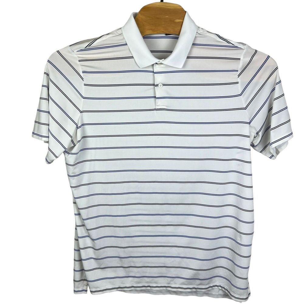 RLX Ralph Lauren Mens White‎ Stripes Polyester Polo Shirt XL Golf Logo On Sleeve